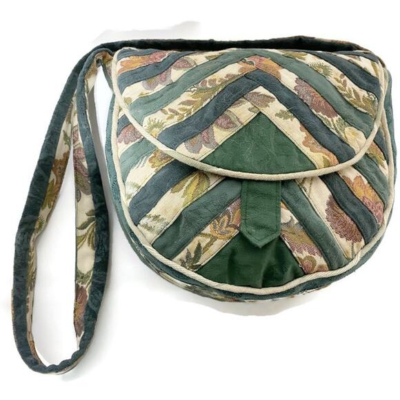 Tapestry Patchwork Crossbody Purse An Original by Rhonda Hand Sewn Green & Beige - Picture 2 of 10